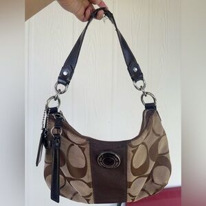 SOLD 
Coach Brown Signature Jacquard Hobo Shoulder Bag with Dark Leather Trim